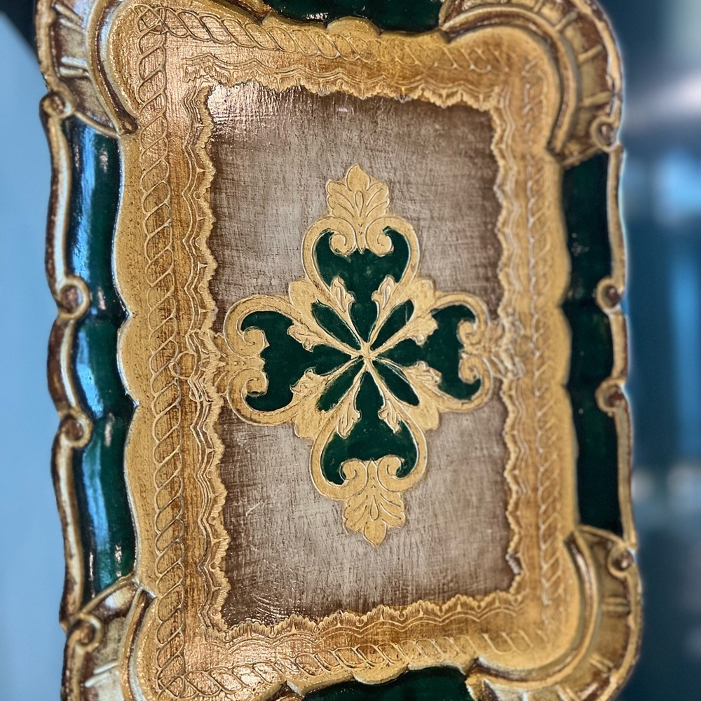 Vintage Florentine Italian Style Toleware Wood Tray Green Gold Italy - Picture 4 of 4
